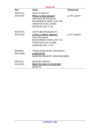 Math 4R
Day Topic Homework
a:CHAP11.4Rs
TII34(78) SAGE TUESDAY!
2018.0102 What is a Determinant? p.749: mult10
Individual MCQ Practice
READ/WRITE NOW: p749 #10
VIEW/NOTATE LATER:
SCREENCAST 11-04
WII35(79) YOUTUBE WEDNESDAY!
2018.0102 Is there a Matrix Algebra? p.767: mult10
Class Discussion
READ/WRITE NOW: p767 #10
VIEW/NOTATE LATER:
SCREENCAST 11-05
II36(80) THINK PAIR SHARE THURSDAY!
2018.0104 preQUIZ11B
GROUPS PRESENT WHITEBOARDS
FII37(81) QUIZZIE FRIDAY!
2018.0105 HOW TO SOLVE SYSTEMS?
QUIZ11C
 