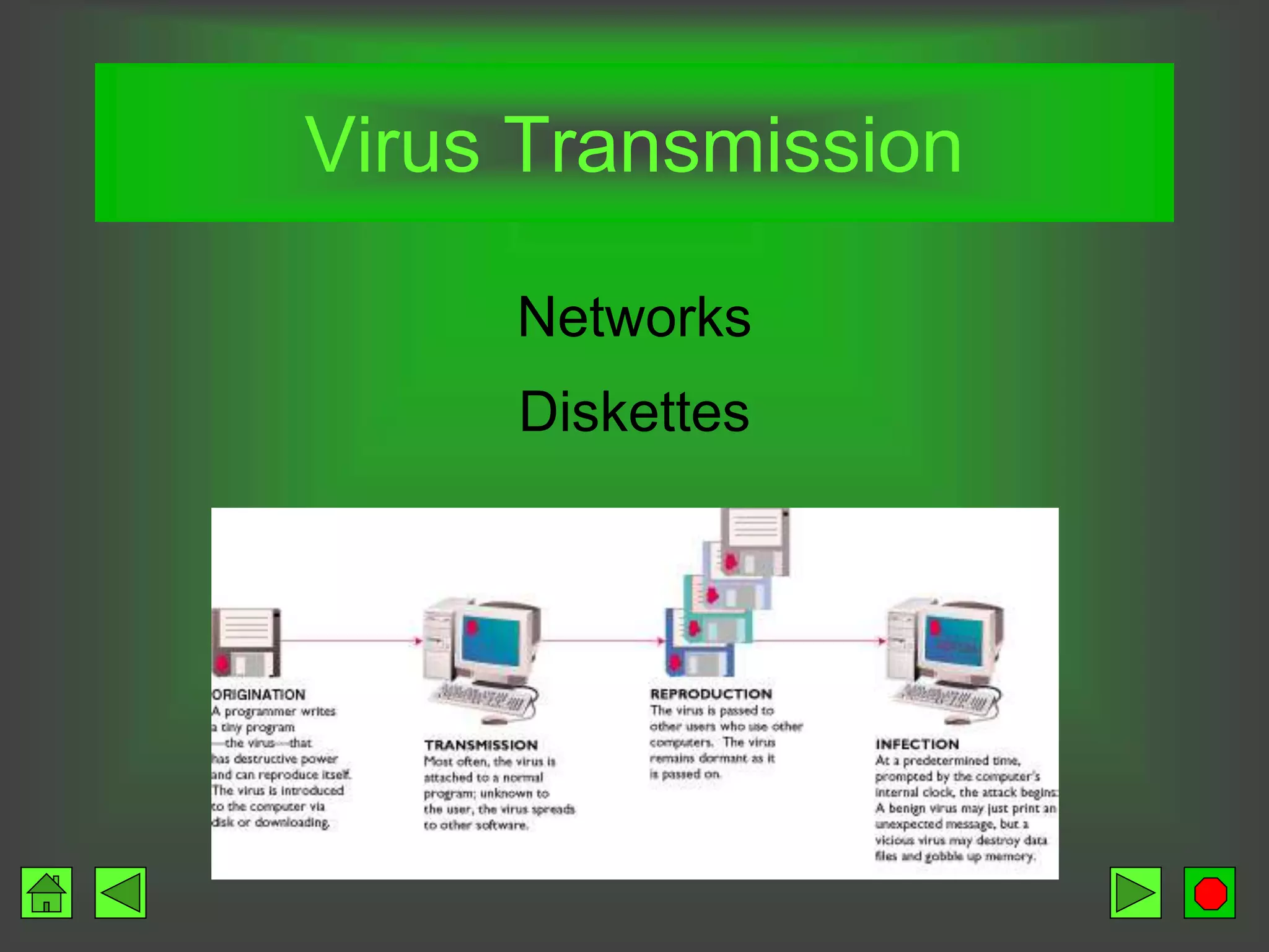 Virus Transmission
Networks
Diskettes
 