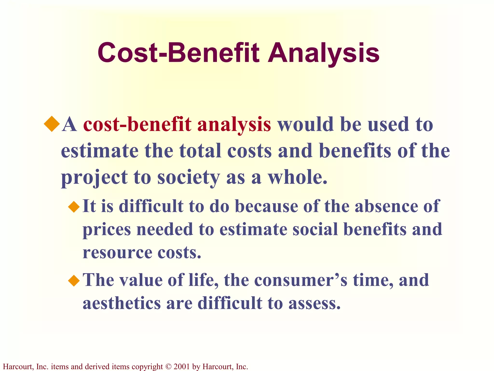 Harcourt, Inc. items and derived items copyright © 2001 by Harcourt, Inc.
Cost-Benefit Analysis
A cost-benefit analysis would be used to
estimate the total costs and benefits of the
project to society as a whole.
It is difficult to do because of the absence of
prices needed to estimate social benefits and
resource costs.
The value of life, the consumer’s time, and
aesthetics are difficult to assess.
 