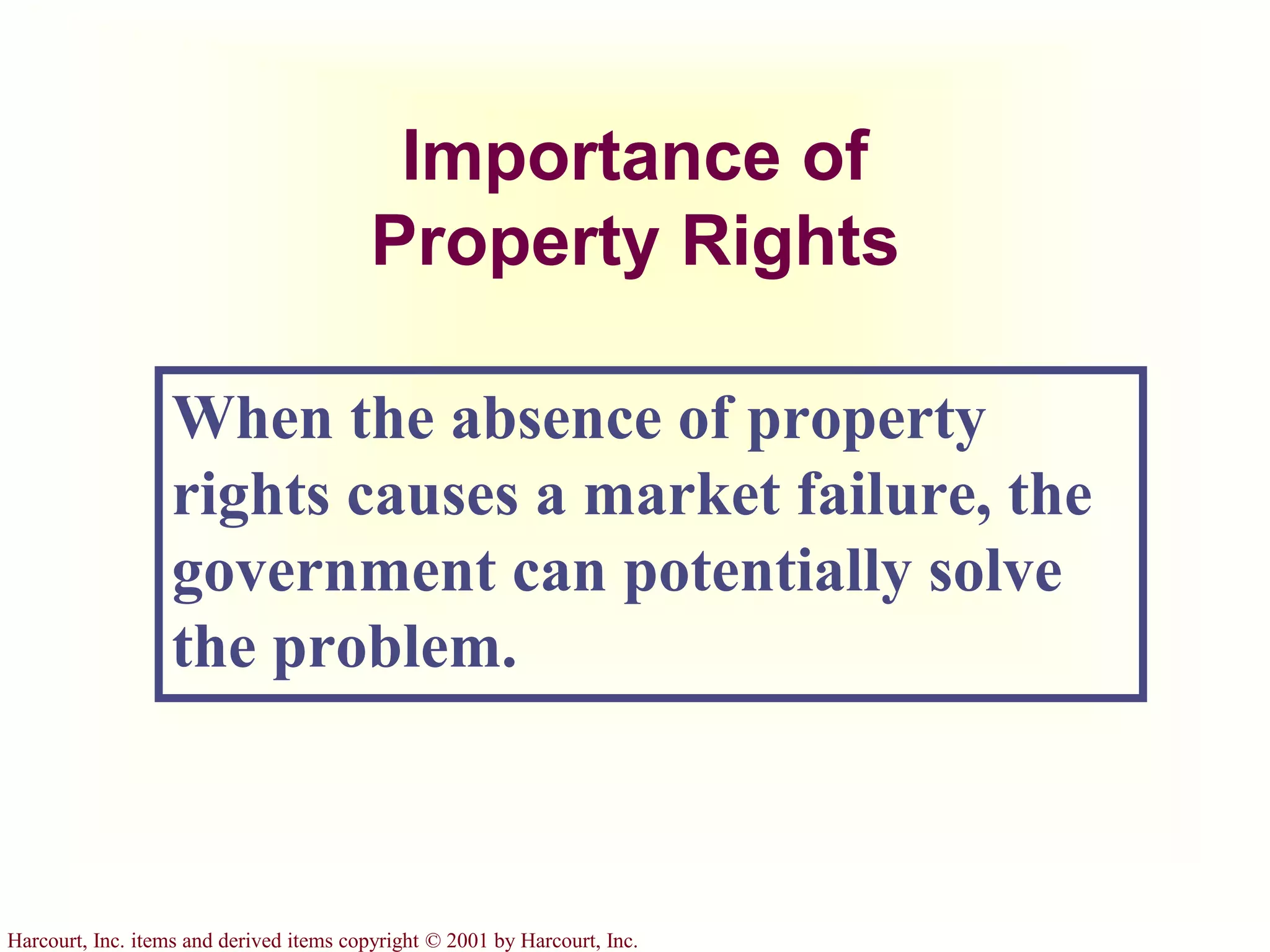 Harcourt, Inc. items and derived items copyright © 2001 by Harcourt, Inc.
Importance of
Property Rights
When the absence of property
rights causes a market failure, the
government can potentially solve
the problem.
 