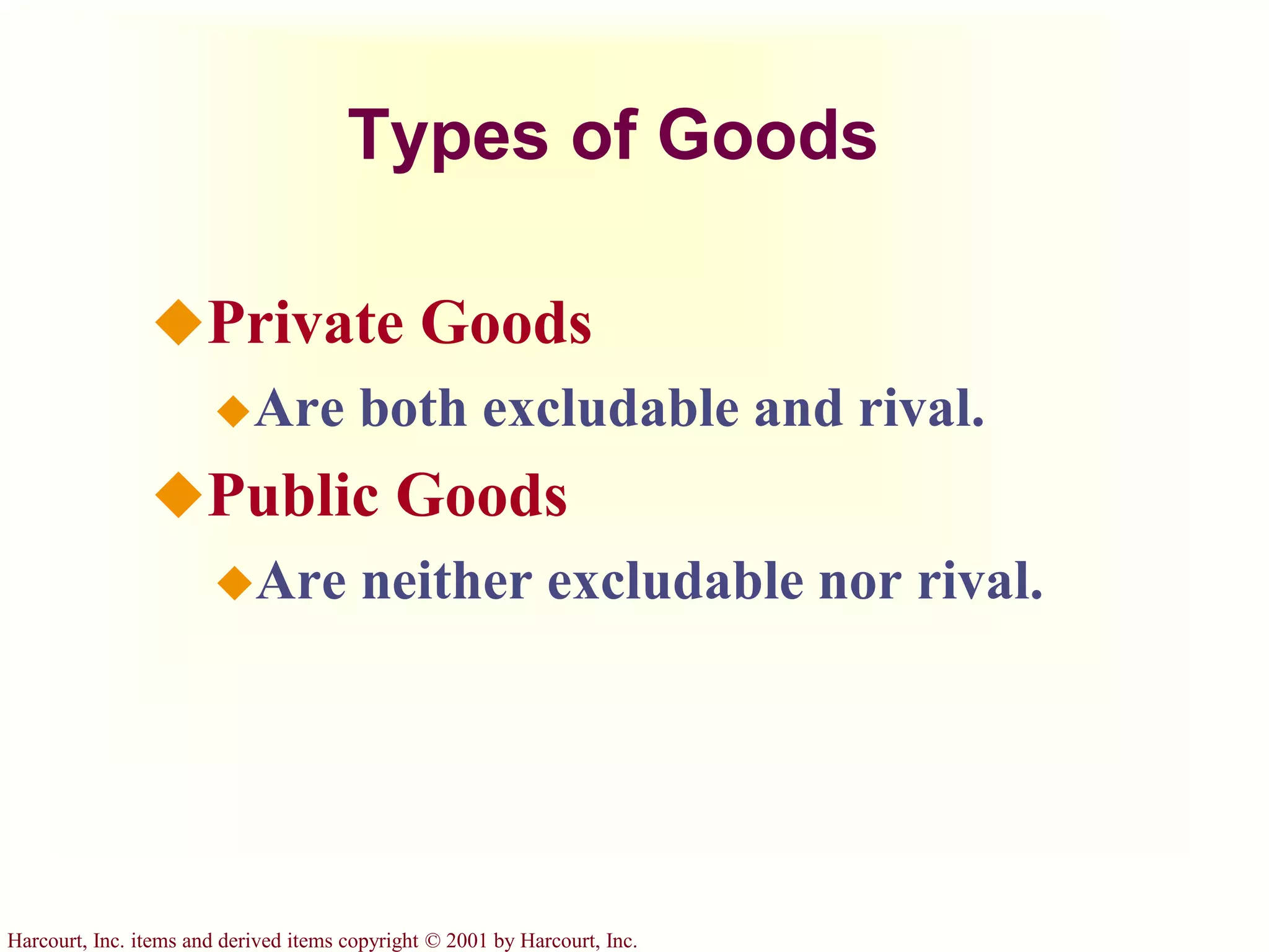 Harcourt, Inc. items and derived items copyright © 2001 by Harcourt, Inc.
Types of Goods
Private Goods
Are both excludable and rival.
Public Goods
Are neither excludable nor rival.
 