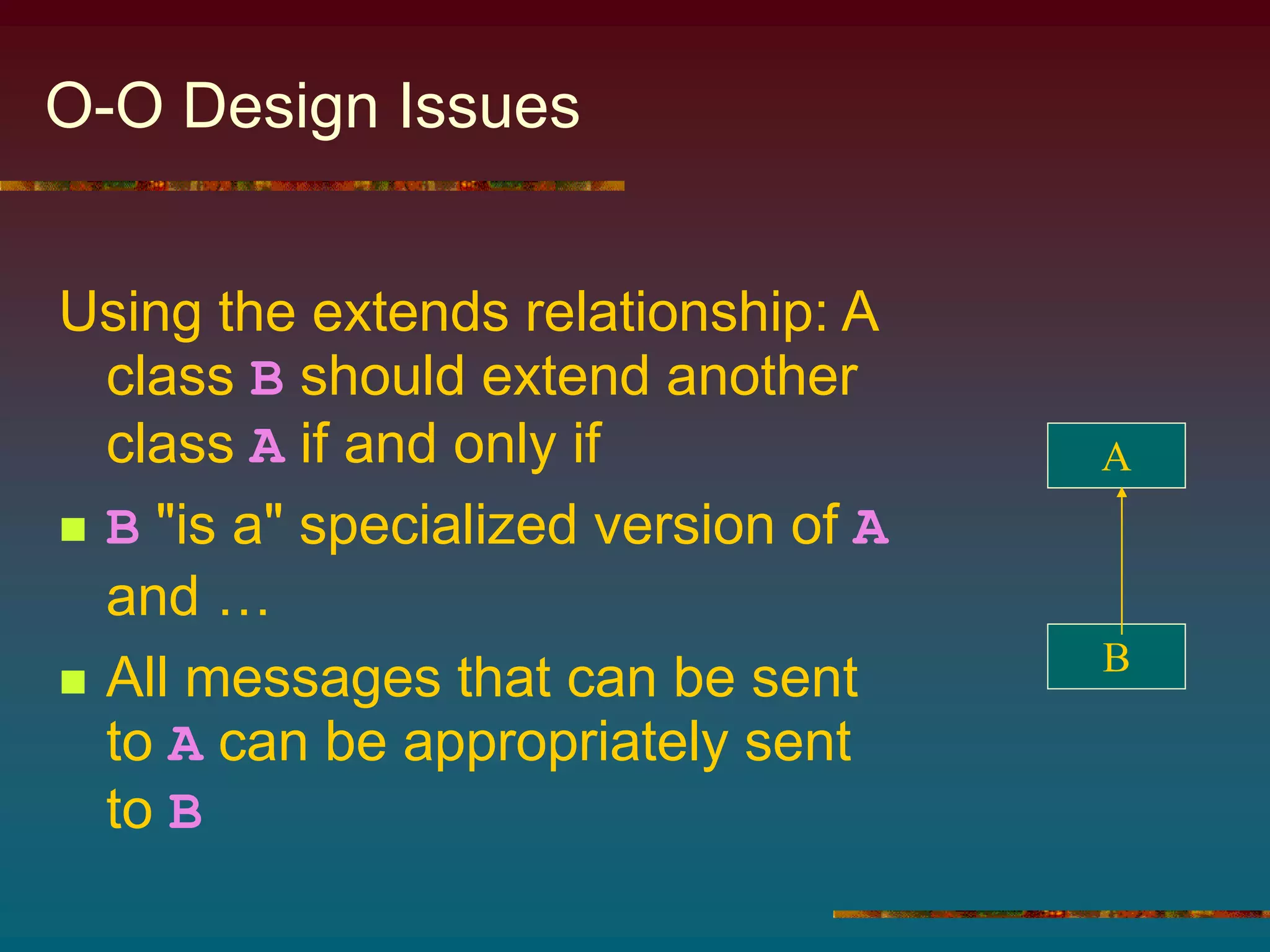 O-O Design Issues
Using the extends relationship: A
class B should extend another
class A if and only if
 B "is a" specialized version of A
and …
 All messages that can be sent
to A can be appropriately sent
to B
A
B
 