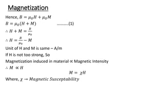 Magnetization
Hence, 𝐵 = 𝜇𝑂𝐻 + 𝜇𝑂𝑀
𝐵 = 𝜇𝑂(𝐻 + 𝑀) ………..(1)
∴ 𝐻 + 𝑀 =
𝐵
𝜇0
∴ 𝐻 =
𝐵
𝜇0
− 𝑀
Unit of H and M is same – A/m
If H is not too strong, So
Magnetization induced in material ∝ Magnetic Intensity
∴ 𝑀 ∝ 𝐻
𝑀 = 𝜒𝐻
Where, 𝜒 → 𝑀𝑎𝑔𝑛𝑒𝑡𝑖𝑐 𝑆𝑢𝑠𝑐𝑒𝑝𝑡𝑎𝑏𝑖𝑙𝑖𝑡𝑦
 