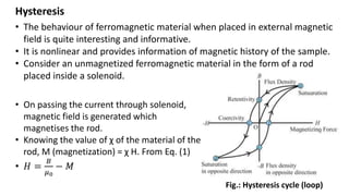 Hysteresis
• The behaviour of ferromagnetic material when placed in external magnetic
field is quite interesting and informative.
• It is nonlinear and provides information of magnetic history of the sample.
• Consider an unmagnetized ferromagnetic material in the form of a rod
placed inside a solenoid.
• On passing the current through solenoid,
magnetic field is generated which
magnetises the rod.
• Knowing the value of χ of the material of the
rod, M (magnetization) = χ H. From Eq. (1)
• 𝐻 =
𝐵
𝜇0
− 𝑀
Fig.: Hysteresis cycle (loop)
 