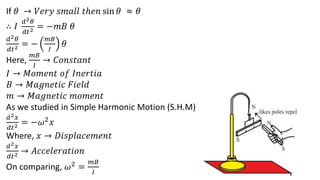 If 𝜃 → 𝑉𝑒𝑟𝑦 𝑠𝑚𝑎𝑙𝑙 𝑡ℎ𝑒𝑛 sin 𝜃 ≈ 𝜃
∴ 𝐼
𝑑2𝜃
𝑑𝑡2 = −𝑚𝐵 𝜃
𝑑2𝜃
𝑑𝑡2 = −
𝑚𝐵
𝐼
𝜃
Here,
𝑚𝐵
𝐼
→ 𝐶𝑜𝑛𝑠𝑡𝑎𝑛𝑡
𝐼 → 𝑀𝑜𝑚𝑒𝑛𝑡 𝑜𝑓 𝐼𝑛𝑒𝑟𝑡𝑖𝑎
𝐵 → 𝑀𝑎𝑔𝑛𝑒𝑡𝑖𝑐 𝐹𝑖𝑒𝑙𝑑
𝑚 → 𝑀𝑎𝑔𝑛𝑒𝑡𝑖𝑐 𝑚𝑜𝑚𝑒𝑛𝑡
As we studied in Simple Harmonic Motion (S.H.M)
𝑑2𝑥
𝑑𝑡2 = −𝜔2𝑥
Where, 𝑥 → 𝐷𝑖𝑠𝑝𝑙𝑎𝑐𝑒𝑚𝑒𝑛𝑡
𝑑2𝑥
𝑑𝑡2 → 𝐴𝑐𝑐𝑒𝑙𝑒𝑟𝑎𝑡𝑖𝑜𝑛
On comparing, 𝜔2
=
𝑚𝐵
𝐼
 