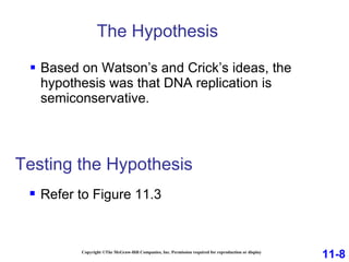 The Hypothesis Based on Watson’s and Crick’s ideas, the hypothesis was that DNA replication is semiconservative. Copyright ©The McGraw-Hill Companies, Inc. Permission required for reproduction or display Testing the Hypothesis Refer to Figure 11.3 11-8 