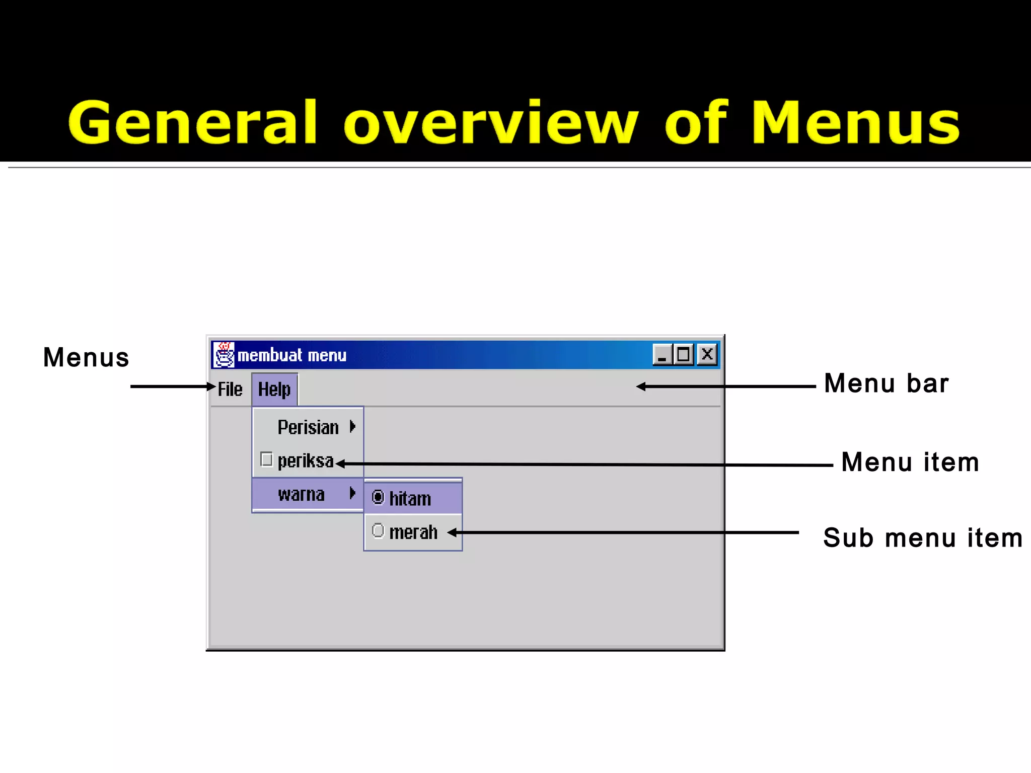 Menu bar
Sub menu item
Menu item
Menus
 