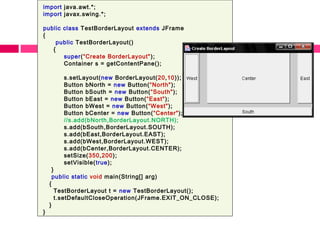 import java.awt.*;
import javax.swing.*;
public class TestBorderLayout extends JFrame
{
public TestBorderLayout()
{
super(“Create BorderLayout");
Container s = getContentPane();
s.setLayout(new BorderLayout(20,10));
Button bNorth = new Button(“North");
Button bSouth = new Button(“South");
Button bEast = new Button(“East");
Button bWest = new Button(“West");
Button bCenter = new Button(“Center");
//s.add(bNorth,BorderLayout.NORTH);
s.add(bSouth,BorderLayout.SOUTH);
s.add(bEast,BorderLayout.EAST);
s.add(bWest,BorderLayout.WEST);
s.add(bCenter,BorderLayout.CENTER);
setSize(350,200);
setVisible(true);
}
public static void main(String[] arg)
{
TestBorderLayout t = new TestBorderLayout();
t.setDefaultCloseOperation(JFrame.EXIT_ON_CLOSE);
}
}
 