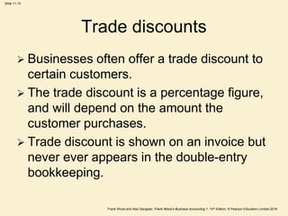 Frank Wood and Alan Sangster, Frank Wood’s Business Accounting 1, 14th Edition, © Pearson Education Limited 2018
Slide 11.14
Trade discounts
 Businesses often offer a trade discount to
certain customers.
 The trade discount is a percentage figure,
and will depend on the amount the
customer purchases.
 Trade discount is shown on an invoice but
never ever appears in the double-entry
bookkeeping.
 