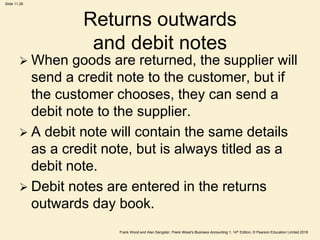 Frank Wood and Alan Sangster, Frank Wood’s Business Accounting 1, 14th Edition, © Pearson Education Limited 2018
Slide 11.28
Returns outwards
and debit notes
 When goods are returned, the supplier will
send a credit note to the customer, but if
the customer chooses, they can send a
debit note to the supplier.
 A debit note will contain the same details
as a credit note, but is always titled as a
debit note.
 Debit notes are entered in the returns
outwards day book.
 
