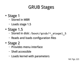 GRUB StagesGRUB Stages
●
Stage 1Stage 1
– Stored in MBRStored in MBR
– Loads stage 1.5Loads stage 1.5
●
Stage 1.5Stage 1.5
– Stored in disk:Stored in disk: /boot/grub/*_stage1_5/boot/grub/*_stage1_5
– Reads and loads configuration filesReads and loads configuration files
●
Stage 2Stage 2
– Provides menu interfaceProvides menu interface
– Shell accessibleShell accessible
– Loads kernel with parametersLoads kernel with parameters
Ref. Pge. 223
 