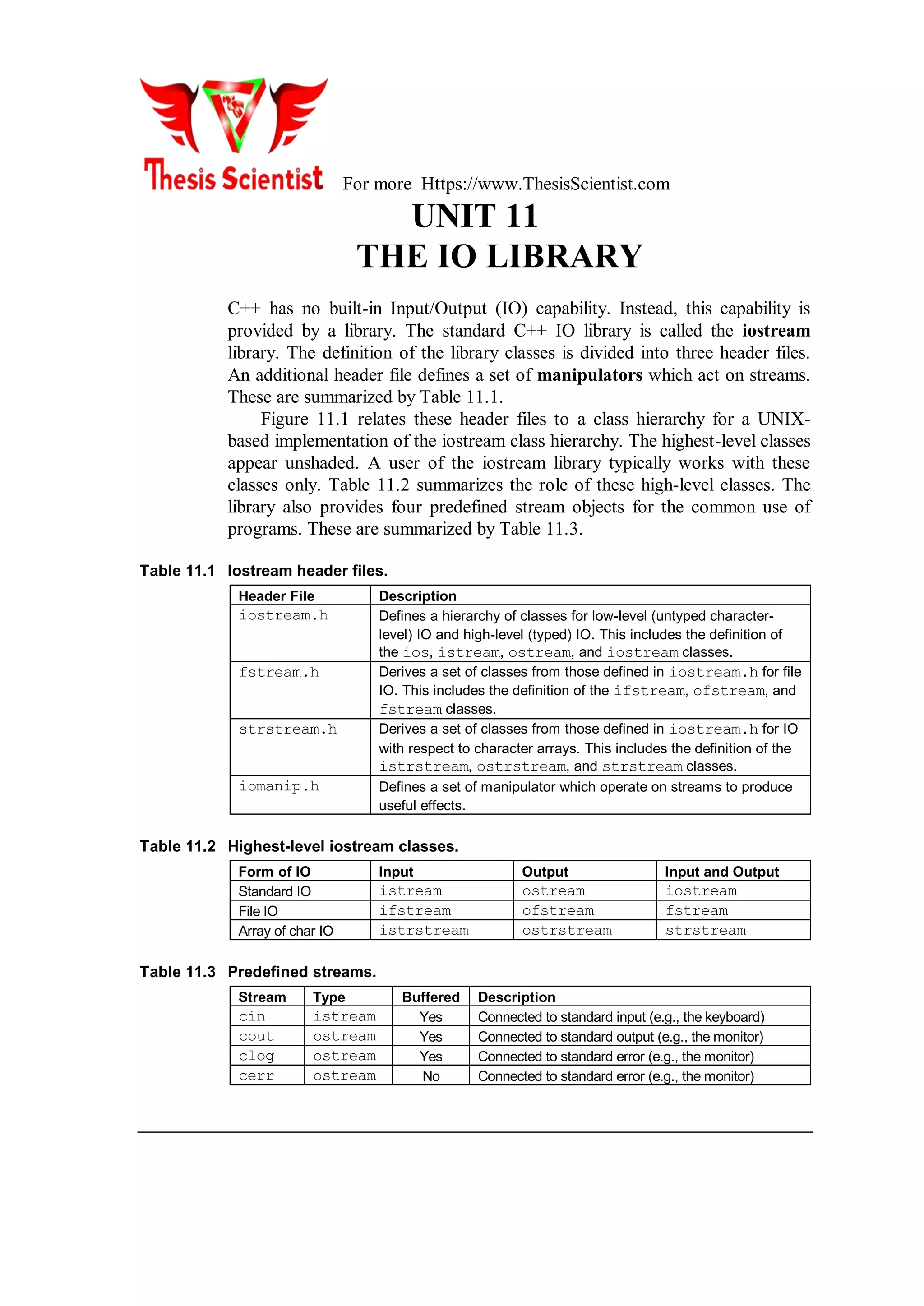 For more Https://www.ThesisScientist.com
UNIT 11
THE IO LIBRARY
C++ has no built-in Input/Output (IO) capability. Instead, this capability is
provided by a library. The standard C++ IO library is called the iostream
library. The definition of the library classes is divided into three header files.
An additional header file defines a set of manipulators which act on streams.
These are summarized by Table 11.1.
Figure 11.1 relates these header files to a class hierarchy for a UNIX-
based implementation of the iostream class hierarchy. The highest-level classes
appear unshaded. A user of the iostream library typically works with these
classes only. Table 11.2 summarizes the role of these high-level classes. The
library also provides four predefined stream objects for the common use of
programs. These are summarized by Table 11.3.
Table 11.1 Iostream header files.
Header File Description
iostream.h Defines a hierarchy of classes for low-level (untyped character-
level) IO and high-level (typed) IO. This includes the definition of
the ios, istream, ostream, and iostream classes.
fstream.h Derives a set of classes from those defined in iostream.h for file
IO. This includes the definition of the ifstream, ofstream, and
fstream classes.
strstream.h Derives a set of classes from those defined in iostream.h for IO
with respect to character arrays. This includes the definition of the
istrstream, ostrstream, and strstream classes.
iomanip.h Defines a set of manipulator which operate on streams to produce
useful effects.
Table 11.2 Highest-level iostream classes.
Form of IO Input Output Input and Output
Standard IO istream ostream iostream
File IO ifstream ofstream fstream
Array of char IO istrstream ostrstream strstream
Table 11.3 Predefined streams.
Stream Type Buffered Description
cin istream Yes Connected to standard input (e.g., the keyboard)
cout ostream Yes Connected to standard output (e.g., the monitor)
clog ostream Yes Connected to standard error (e.g., the monitor)
cerr ostream No Connected to standard error (e.g., the monitor)
 
