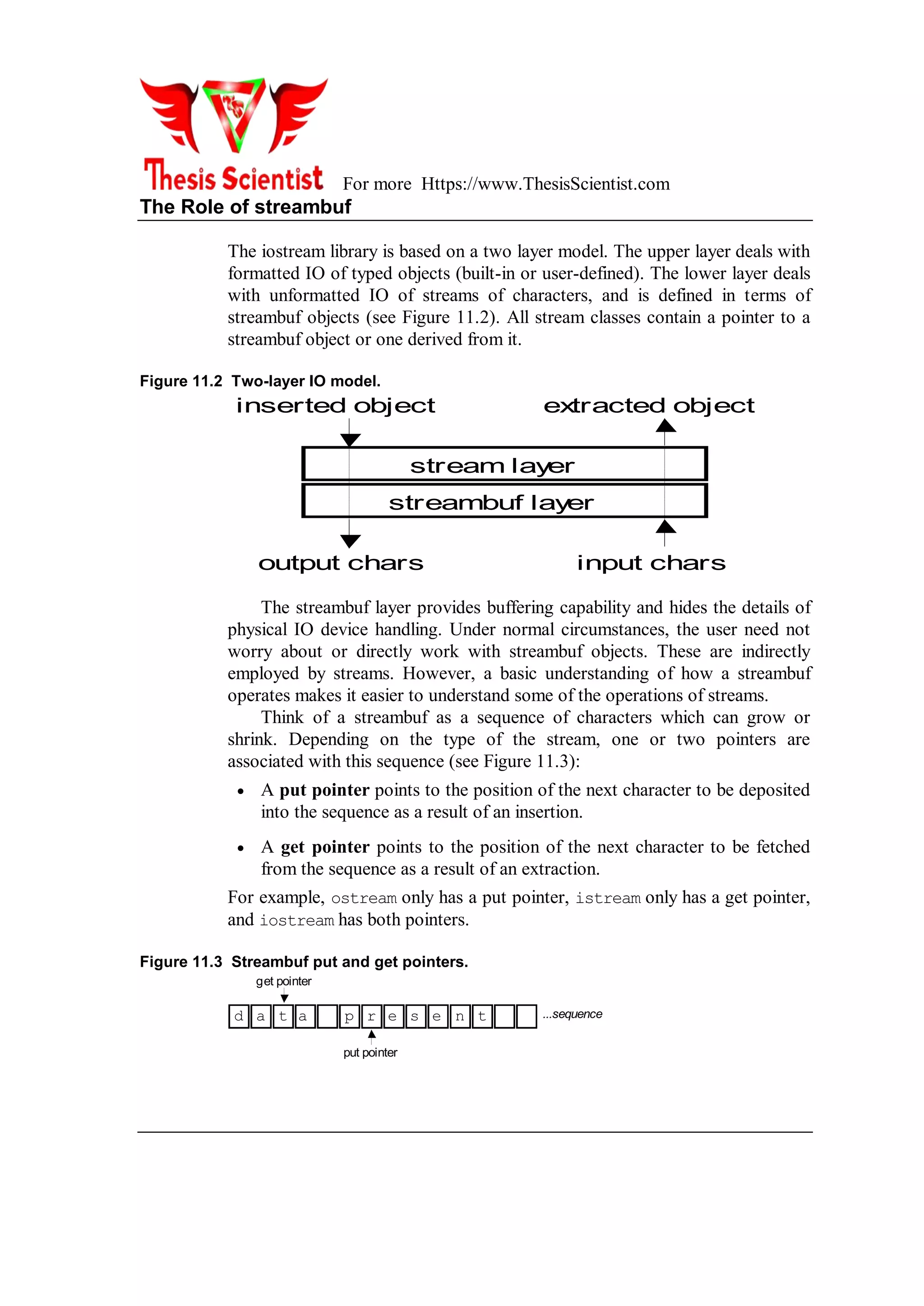 For more Https://www.ThesisScientist.com
The Role of streambuf
The iostream library is based on a two layer model. The upper layer deals with
formatted IO of typed objects (built-in or user-defined). The lower layer deals
with unformatted IO of streams of characters, and is defined in terms of
streambuf objects (see Figure 11.2). All stream classes contain a pointer to a
streambuf object or one derived from it.
Figure 11.2 Two-layer IO model.
stream layer
streambuf layer
inserted object
output chars
extracted object
input chars
The streambuf layer provides buffering capability and hides the details of
physical IO device handling. Under normal circumstances, the user need not
worry about or directly work with streambuf objects. These are indirectly
employed by streams. However, a basic understanding of how a streambuf
operates makes it easier to understand some of the operations of streams.
Think of a streambuf as a sequence of characters which can grow or
shrink. Depending on the type of the stream, one or two pointers are
associated with this sequence (see Figure 11.3):
 A put pointer points to the position of the next character to be deposited
into the sequence as a result of an insertion.
 A get pointer points to the position of the next character to be fetched
from the sequence as a result of an extraction.
For example, ostream only has a put pointer, istream only has a get pointer,
and iostream has both pointers.
Figure 11.3 Streambuf put and get pointers.
...sequence
get pointer
put pointer
d a t a p r e s e n t
 