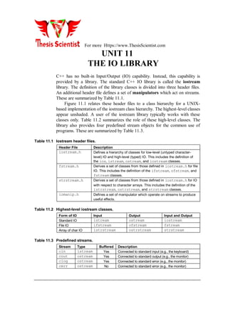 For more Https://www.ThesisScientist.com
UNIT 11
THE IO LIBRARY
C++ has no built-in Input/Output (IO) capability. Instead, this capability is
provided by a library. The standard C++ IO library is called the iostream
library. The definition of the library classes is divided into three header files.
An additional header file defines a set of manipulators which act on streams.
These are summarized by Table 11.1.
Figure 11.1 relates these header files to a class hierarchy for a UNIX-
based implementation of the iostream class hierarchy. The highest-level classes
appear unshaded. A user of the iostream library typically works with these
classes only. Table 11.2 summarizes the role of these high-level classes. The
library also provides four predefined stream objects for the common use of
programs. These are summarized by Table 11.3.
Table 11.1 Iostream header files.
Header File Description
iostream.h Defines a hierarchy of classes for low-level (untyped character-
level) IO and high-level (typed) IO. This includes the definition of
the ios, istream, ostream, and iostream classes.
fstream.h Derives a set of classes from those defined in iostream.h for file
IO. This includes the definition of the ifstream, ofstream, and
fstream classes.
strstream.h Derives a set of classes from those defined in iostream.h for IO
with respect to character arrays. This includes the definition of the
istrstream, ostrstream, and strstream classes.
iomanip.h Defines a set of manipulator which operate on streams to produce
useful effects.
Table 11.2 Highest-level iostream classes.
Form of IO Input Output Input and Output
Standard IO istream ostream iostream
File IO ifstream ofstream fstream
Array of char IO istrstream ostrstream strstream
Table 11.3 Predefined streams.
Stream Type Buffered Description
cin istream Yes Connected to standard input (e.g., the keyboard)
cout ostream Yes Connected to standard output (e.g., the monitor)
clog ostream Yes Connected to standard error (e.g., the monitor)
cerr ostream No Connected to standard error (e.g., the monitor)
 