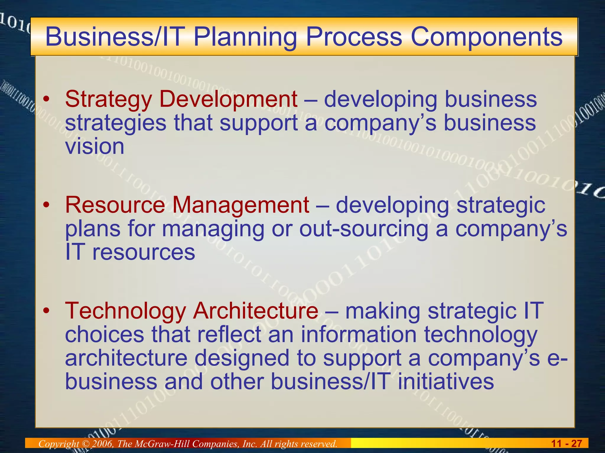 Business/IT Planning Process Components Strategy Development  – developing business strategies that support a company’s business vision Resource Management  – developing strategic plans for managing or out-sourcing a company’s IT resources Technology Architecture  – making strategic IT choices that reflect an information technology architecture designed to support a company’s e-business and other business/IT initiatives 