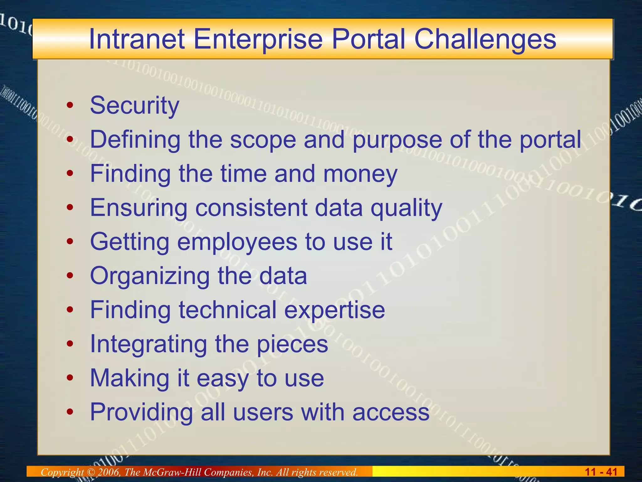 Intranet Enterprise Portal Challenges Security Defining the scope and purpose of the portal Finding the time and money Ensuring consistent data quality Getting employees to use it Organizing the data Finding technical expertise Integrating the pieces Making it easy to use Providing all users with access 