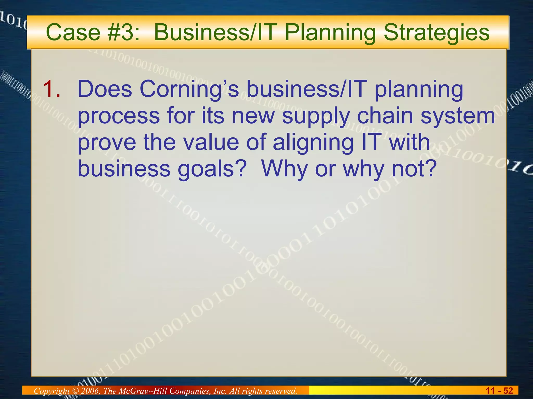Case #3:  Business/IT Planning Strategies Does Corning’s business/IT planning process for its new supply chain system prove the value of aligning IT with business goals?  Why or why not? 