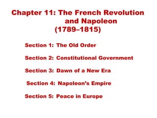 Chapter 11: The French Revolution and Napoleon (1789–1815) Section 1:  The Old Order Section 2:  Constitutional Government Section 3:  Dawn of a New Era Section 4:  Napoleon’s Empire Section 5:  Peace in Europe 
