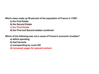 Section 1 Assessment Which class made up 98 percent of the population of France in 1789? a) the First Estate b) the Second Estate c) the Third Estate d) the First and Second estates combined Which of the following was  not  a cause of France’s economic troubles? a) deficit spending b) bad harvests c) overspending by Louis XIV d) increased wages for peasant workers 1 