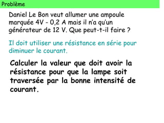 Problème
Daniel Le Bon veut allumer une ampoule
marquée 4V - 0,2 A mais il n’a qu’un
générateur de 12 V. Que peut-t-il faire ?
Il doit utiliser une résistance en série pour
diminuer le courant.
Calculer la valeur que doit avoir la
résistance pour que la lampe soit
traversée par la bonne intensité de
courant.
 