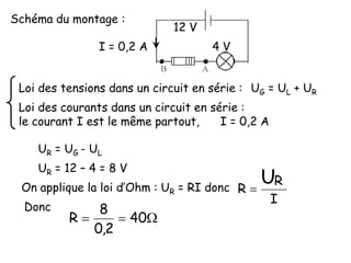Loi des tensions dans un circuit en série :
UR = 12 – 4 = 8 V
On applique la loi d’Ohm : UR = RI donc
I
R
R
U
Donc
40
2,0
8
R
Schéma du montage :
12 V
4 V
UG = UL + UR
UR = UG - UL
Loi des courants dans un circuit en série :
le courant I est le même partout, I = 0,2 A
I = 0,2 A
 
