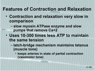 11-105
• Contraction and relaxation very slow in
comparison
– slow myosin ATPase enzyme and slow
pumps that remove Ca+2
• Uses 10-300 times less ATP to maintain
the same tension
– latch-bridge mechanism maintains tetanus
(muscle tone)
• keeps arteries in state of partial contraction
(vasomotor tone)
Features of Contraction and Relaxation
 
