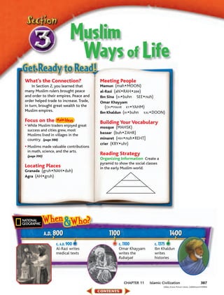 Muslim
                             Ways of Life
What’s the Connection?                   Meeting People
    In Section 2, you learned that       Mamun (mah • MOON)
many Muslim rulers brought peace         al-Razi (ahl • RAH • zee)
and order to their empires. Peace and    Ibn Sina (IH • buhn SEE • nuh)
order helped trade to increase. Trade,   Omar Khayyam
in turn, brought great wealth to the       (OH • MAHR    KY • YAHM)
Muslim empires.                          Ibn Khaldun (IH • buhn   KAL • DOON)

Focus on the                             Building Your Vocabulary
• While Muslim traders enjoyed great     mosque (MAHSK)
 success and cities grew, most
                                         bazaar (buh • ZAHR)
 Muslims lived in villages in the
 country. (page 388)                     minaret (MIH • nuh • REHT]
                                         crier (KRY • uhr)
• Muslims made valuable contributions
 in math, science, and the arts.
 (page 390)
                                         Reading Strategy
                                         Organizing Information Create a
                                         pyramid to show the social classes
Locating Places                          in the early Muslim world.
Granada (gruh • NAH • duh)
Agra (AH • gruh)




              A.D. 800                        1100                                    1400
                   c. A.D. 900                     c. 1100                c. 1375
                   Al-Razi writes                  Omar Khayyam           Ibn Khaldun
                   medical texts                   writes the             writes
                                                   Rubaiyat               histories




                                                        CHAPTER 11    Islamic Civilization                               387
                                                                                (l)Mary Evans Picture Library, (c)Bettmann/CORBIS
 