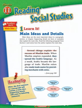 Main Idea

                  Main Ideas and Details
                      Main ideas are the most important ideas in a paragraph,
                  section, or chapter. Supporting details are facts or examples
                  that explain the main idea. Read the following paragraph from
                  Section 3 and notice how the author explains the main idea.



                            Several things explain the
                         success of Muslim trade. When
                         Muslim empires expanded, they
                         spread the Arabic language. As
                         a result, Arabic became the lan-
                         guage of trade. Muslim rulers
                         also made trade easier by provid-
                         ing merchants with coins.
                                                     —from page 388




                                                            Supporting
                                                              Detail
                            nce
                   st sente
   Often , the fir       ll
               raph wi
   in a parag           dea.
                                        Supporting          Main Idea             Supporting
             a main i                     Detail                                    Detail
    contain         details
     Su ppor ting following
                e in
      will com .                                            Supporting
                 es
       sentenc
                                                              Detail




 370
 