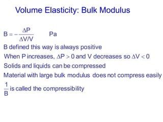 Volume Elasticity: Bulk Modulus
ilitycompressibthecalledis
B
1
easilycompressnotdoesmodulusbulklargewithMaterial
compressedbecanliquidsandSolids
0VsodecreasesVand0Pincreases,PWhen
positivealwaysiswaythisdefinedB
Pa
V/V
P
B




 