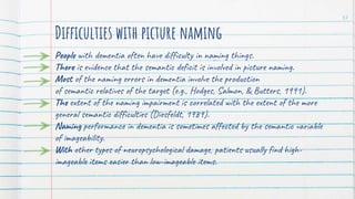 Difficulties with picture naming
People with dementia often have difficulty in naming things.
There is evidence that the s...