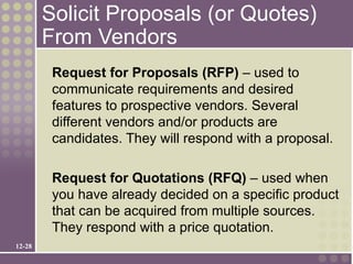 Solicit Proposals (or Quotes)
        From Vendors
         Request for Proposals (RFP) – used to
         communicate requirements and desired
         features to prospective vendors. Several
         different vendors and/or products are
         candidates. They will respond with a proposal.

         Request for Quotations (RFQ) – used when
         you have already decided on a specific product
         that can be acquired from multiple sources.
         They respond with a price quotation.
12-28
 