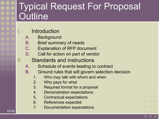 Typical Request For Proposal
        Outline
        I.         Introduction
              A.        Background
              B.        Brief summary of needs
              C.        Explanation of RFP document
              D.        Call for action on part of vendor
        II.        Standards and instructions
              A.        Schedule of events leading to contract
              B.        Ground rules that will govern selection decision
                   1.      Who may talk with whom and when
                   2.      Who pays for what
                   3.      Required format for a proposal
                   4.      Demonstration expectations
                   5.      Contractual expectations
                   6.      References expected
                   7.      Documentation expectations
12-29
 