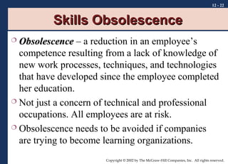 12 - 22

Skills Obsolescence
Obsolescence – a reduction in an employee’s
competence resulting from a lack of knowledge of
new work processes, techniques, and technologies
that have developed since the employee completed
her education.
 Not just a concern of technical and professional
occupations. All employees are at risk.
 Obsolescence needs to be avoided if companies
are trying to become learning organizations.


Copyright © 2002 by The McGraw-Hill Companies, Inc. All rights reserved.

 