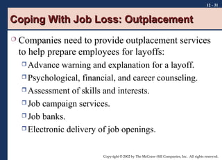 12 - 31

Coping With Job Loss: Outplacement


Companies need to provide outplacement services
to help prepare employees for layoffs:
 Advance

warning and explanation for a layoff.
 Psychological, financial, and career counseling.
 Assessment of skills and interests.
 Job campaign services.
 Job banks.
 Electronic delivery of job openings.
Copyright © 2002 by The McGraw-Hill Companies, Inc. All rights reserved.

 