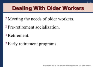 12 - 32

Dealing With Older Workers
 Meeting

the needs of older workers.

 Pre-retirement

socialization.

 Retirement.
 Early

retirement programs.

Copyright © 2002 by The McGraw-Hill Companies, Inc. All rights reserved.

 