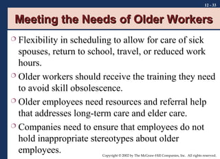 12 - 33

Meeting the Needs of Older Workers
Flexibility in scheduling to allow for care of sick
spouses, return to school, travel, or reduced work
hours.
 Older workers should receive the training they need
to avoid skill obsolescence.
 Older employees need resources and referral help
that addresses long-term care and elder care.
 Companies need to ensure that employees do not
hold inappropriate stereotypes about older
employees.


Copyright © 2002 by The McGraw-Hill Companies, Inc. All rights reserved.

 