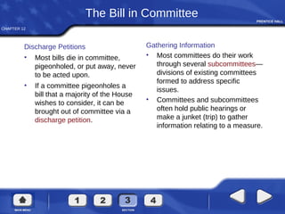 CHAPTER 12
The Bill in Committee
Discharge Petitions
• Most bills die in committee,
pigeonholed, or put away, never
to be acted upon.
• If a committee pigeonholes a
bill that a majority of the House
wishes to consider, it can be
brought out of committee via a
discharge petition.
Gathering Information
• Most committees do their work
through several subcommittees—
divisions of existing committees
formed to address specific
issues.
• Committees and subcommittees
often hold public hearings or
make a junket (trip) to gather
information relating to a measure.
 