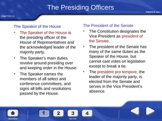 CHAPTER 12
The Presiding Officers
The Speaker of the House
• The Speaker of the House is
the presiding officer of the
House of Representatives and
the acknowledged leader of the
majority party.
• The Speaker’s main duties
revolve around presiding over
and keeping order in the House.
• The Speaker names the
members of all select and
conference committees, and
signs all bills and resolutions
passed by the House.
The President of the Senate
• The Constitution designates the
Vice President as president of
the Senate.
• The president of the Senate has
many of the same duties as the
Speaker of the House, but
cannot cast votes on legislation
except to break a tie.
• The president pro tempore, the
leader of the majority party, is
elected from the Senate and
serves in the Vice President’s
absence.
 
