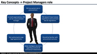 PMBOK 6 - All rights reserved; By: Anand Bobade (nmbobade@gmail.com)
Key Concepts -> Project Managers role
PM has partial role in
procurement.
PM doesn't have trained
expertise in procurement
laws & regulations.
Should be familiar with
procurement process.
Make intelligent decisions
regarding contracts &
contractual relationship.
Not authorized to sign
legal agreements.
In small organizations, PM
can be a procurement
manager.
 