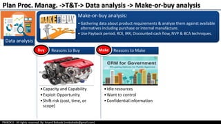 PMBOK 6 - All rights reserved; By: Anand Bobade (nmbobade@gmail.com)
Data analysis
Make-or-buy analysis:
•Gathering data about product requirements & analyse them against available
alternatives including purchase or internal manufacture.
•Use Payback period, ROI, IRR, Discounted cash flow, NVP & BCA techniques.
•Capacity and Capability
•Exploit Opportunity
•Shift risk (cost, time, or
scope)
Reasons to Buy
•Idle resources
•Want to control
•Confidential information
Reasons to Make
Plan Proc. Manag. ->T&T-> Data analysis -> Make-or-buy analysis
Buy Make
 