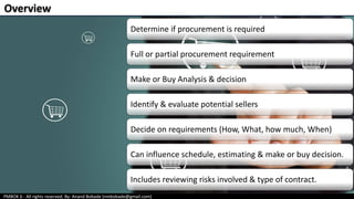 PMBOK 6 - All rights reserved; By: Anand Bobade (nmbobade@gmail.com)
Determine if procurement is required
Full or partial procurement requirement
Make or Buy Analysis & decision
Identify & evaluate potential sellers
Decide on requirements (How, What, how much, When)
Can influence schedule, estimating & make or buy decision.
Includes reviewing risks involved & type of contract.
Overview
 