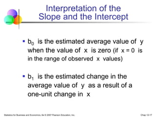 Statistics for Business and Economics, 6e © 2007 Pearson Education, Inc. Chap 12-17
 b0 is the estimated average value of y
when the value of x is zero (if x = 0 is
in the range of observed x values)
 b1 is the estimated change in the
average value of y as a result of a
one-unit change in x
Interpretation of the
Slope and the Intercept
 
