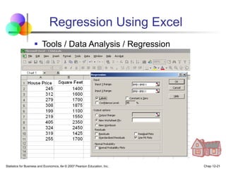 Statistics for Business and Economics, 6e © 2007 Pearson Education, Inc. Chap 12-21
Regression Using Excel
 Tools / Data Analysis / Regression
 