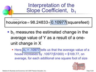 Statistics for Business and Economics, 6e © 2007 Pearson Education, Inc. Chap 12-25
Interpretation of the
Slope Coefficient, b1
 b1 measures the estimated change in the
average value of Y as a result of a one-
unit change in X
 Here, b1 = .10977 tells us that the average value of a
house increases by .10977($1000) = $109.77, on
average, for each additional one square foot of size
feet)
(square
0.10977
98.24833
price
house 

 