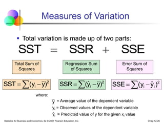 Statistics for Business and Economics, 6e © 2007 Pearson Education, Inc. Chap 12-26
Measures of Variation
 Total variation is made up of two parts:
SSE
SSR
SST 

Total Sum of
Squares
Regression Sum
of Squares
Error Sum of
Squares
 
 2
i )
y
(y
SST  
 2
i
i )
y
(y
SSE ˆ
 
 2
i )
y
y
(
SSR ˆ
where:
= Average value of the dependent variable
yi = Observed values of the dependent variable
i = Predicted value of y for the given xi value
ŷ
y
 