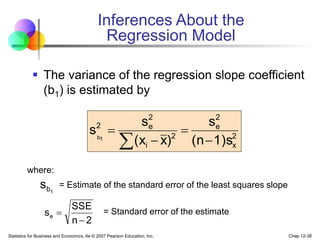 Statistics for Business and Economics, 6e © 2007 Pearson Education, Inc. Chap 12-38
Inferences About the
Regression Model
 The variance of the regression slope coefficient
(b1) is estimated by
2
x
2
e
2
i
2
e
2
1)s
(n
s
)
x
(x
s
s 1
b





where:
= Estimate of the standard error of the least squares slope
= Standard error of the estimate
1
b
s
2
n
SSE
se


 