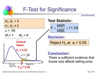 Statistics for Business and Economics, 6e © 2007 Pearson Education, Inc. Chap 12-50
H0: β1 = 0
H1: β1 ≠ 0
a = .05
df1= 1 df2 = 8
Test Statistic:
Decision:
Conclusion:
Reject H0 at a = 0.05
There is sufficient evidence that
house size affects selling price
0
a = .05
F.05 = 5.32
Reject H0
Do not
reject H0
11.08
MSE
MSR
F 

Critical
Value:
Fa = 5.32
F-Test for Significance
(continued)
F
 