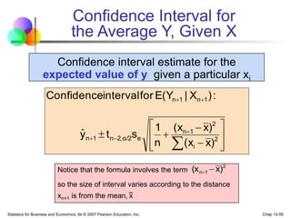 Statistics for Business and Economics, 6e © 2007 Pearson Education, Inc. Chap 12-55
Confidence Interval for
the Average Y, Given X
Confidence interval estimate for the
expected value of y given a particular xi
Notice that the formula involves the term
so the size of interval varies according to the distance
xn+1 is from the mean, x


















2
i
2
1
n
e
α/2
2,
n
1
n
1
n
1
n
)
x
(x
)
x
(x
n
1
s
t
y
:
)
X
|
E(Y
for
interval
Confidence
ˆ
2
1
n )
x
(x 

 