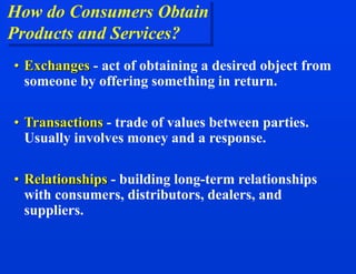 How do Consumers Obtain
Products and Services?
• Exchanges - act of obtaining a desired object from
someone by offering something in return.
• Transactions - trade of values between parties.
Usually involves money and a response.
• Relationships - building long-term relationships
with consumers, distributors, dealers, and
suppliers.
 
