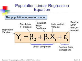 Statistics for Managers Using Microsoft Excel, 4e © 2004 Prentice-Hall, Inc. Chap 12-10
i
i
1
0
i ε
X
β
β
Y 


Linear component
Population Linear Regression
Equation
The population regression model:
Population
Y intercept
Population
Slope
Coefficient
Random
Error
term, or
residual
Dependent
Variable
Independent
Variable
Random Error
component
 